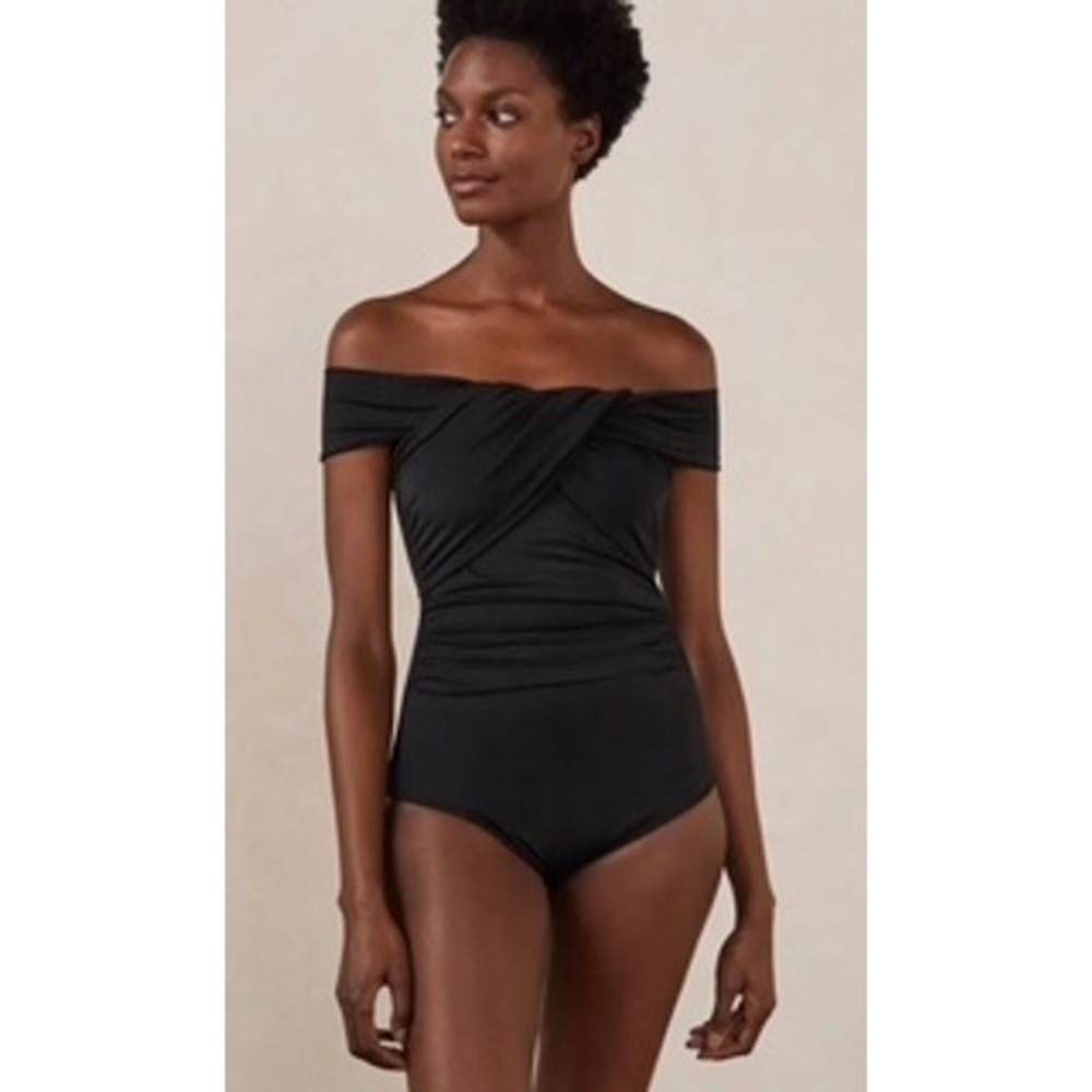 Boden Sicily Bardot One Piece Swimsuit Size 8 Black Off The Shoulder Swimwear